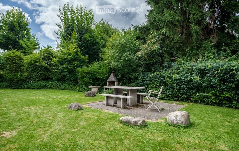 A serene garden area with a stone table, benches, a small barbecue, and scattered rocks, surrounded by lush greenery and trees.