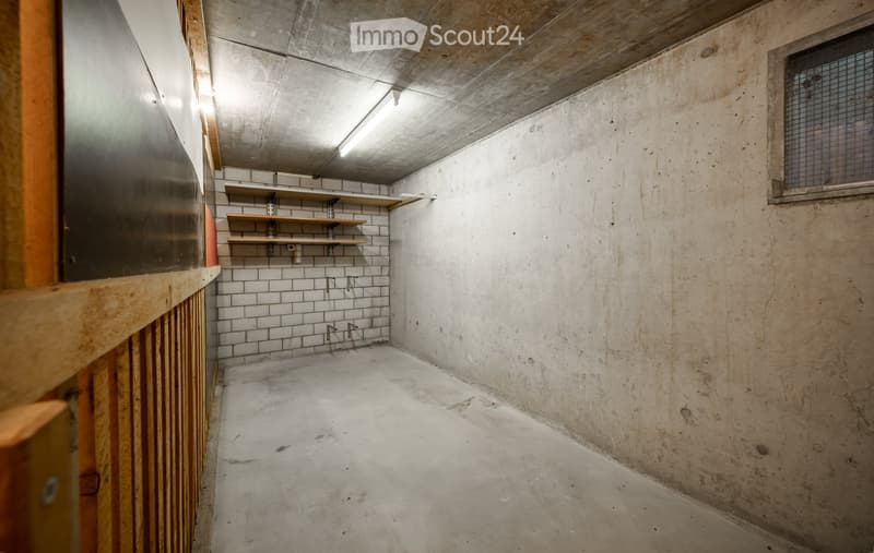 Empty room with concrete walls and floor, wooden shelves, and a small window with bars.