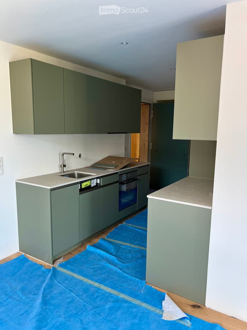 Modern kitchen with green cabinets, stainless steel sink, and oven. Blue protective flooring covering the floor.