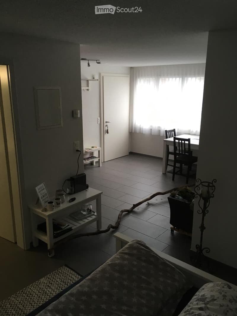 A well-lit room with a sofa, side table, dining table, chairs, and a shelf. The space features tiled flooring and large windows with curtains.