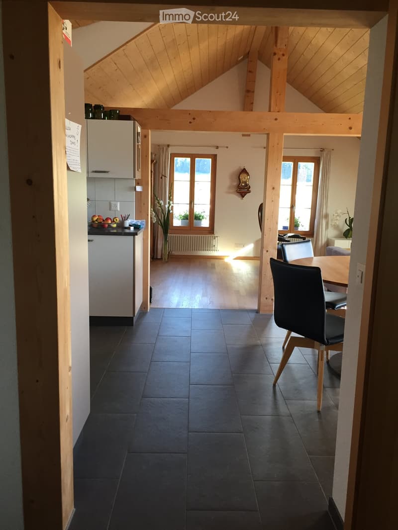 Bright hallway with wooden beams and exposed ceiling, leading to a kitchen and dining area with modern furniture and large windows.