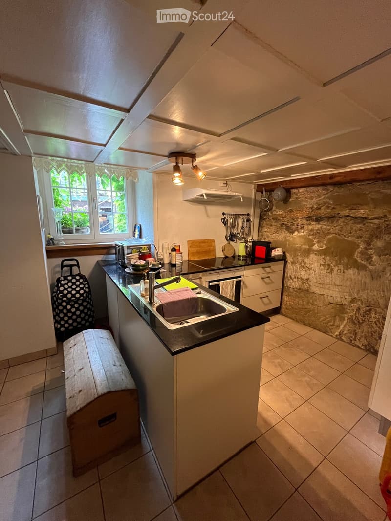 A cozy kitchen with a black countertop, stainless steel sink, and various appliances including a microwave, oven, and refrigerator. The space features a window with a view of greenery, a hanging basket, and a small wooden stool near the entrance.