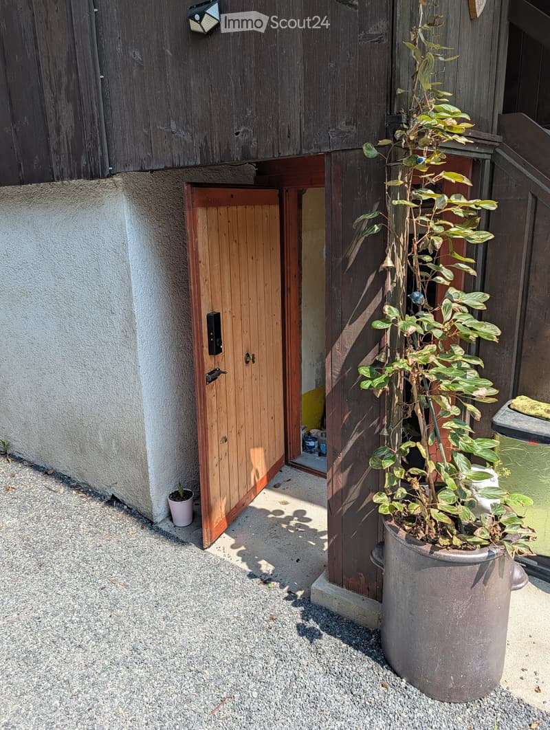 A small outdoor area with gravel ground, wooden doors, and potted plants.
