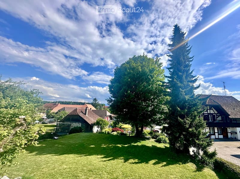 A well-maintained garden with a lawn, trees, and surrounding houses visible in the background under a partly cloudy sky.