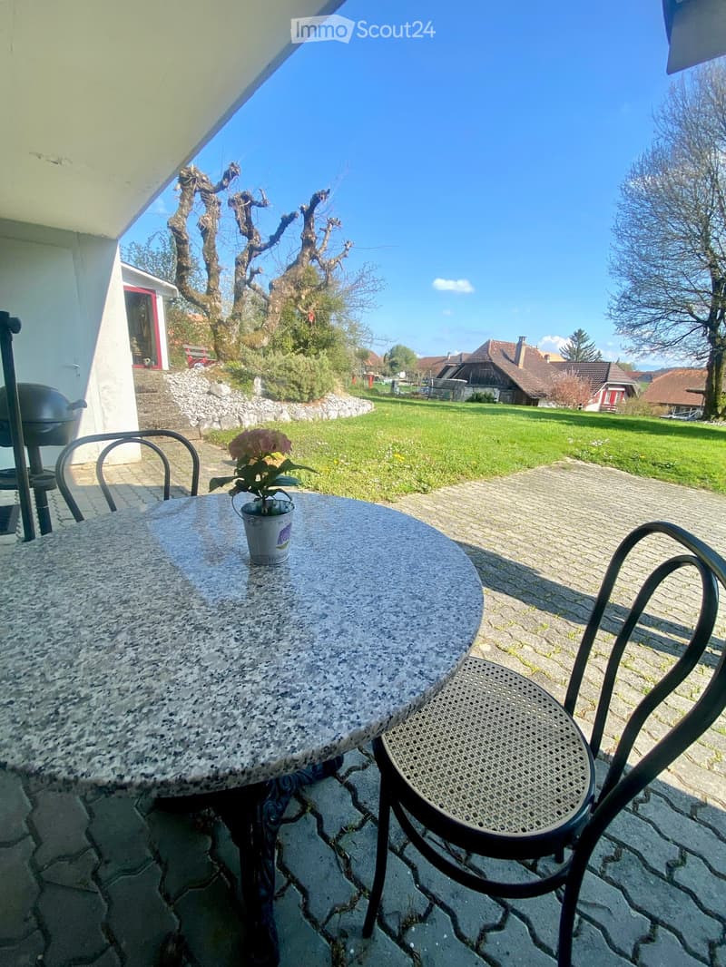 Outdoor patio with a round stone table, metal chairs, and a small flower pot, overlooking a grassy yard and neighboring houses.