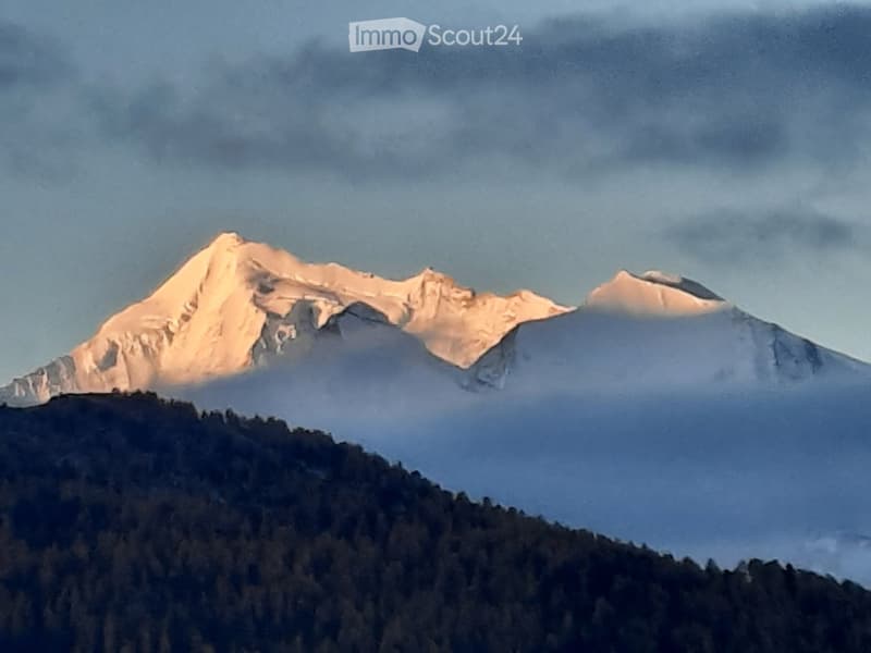 A mountain range with snow-capped peaks and a forested lower slope under a cloudy sky.