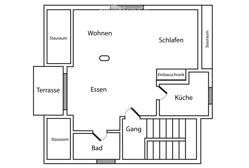 Floor plan of a 2-room apartment with living, sleeping, dining, kitchen, bathroom, hallway, and built-in closet. Includes a terrace and two staircases.