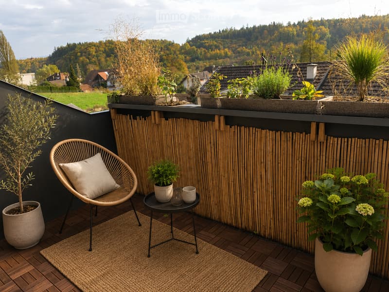 A modern balcony with wooden flooring, a wicker chair with a cushion, a small table with cups, and several potted plants, including a tall olive tree and flowering shrubs. The balcony features a bamboo screen and overlooks a scenic countryside with houses