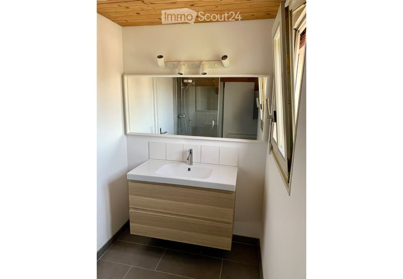 Modern bathroom with a white sink, wooden cabinet, large mirror, and sleek faucet.