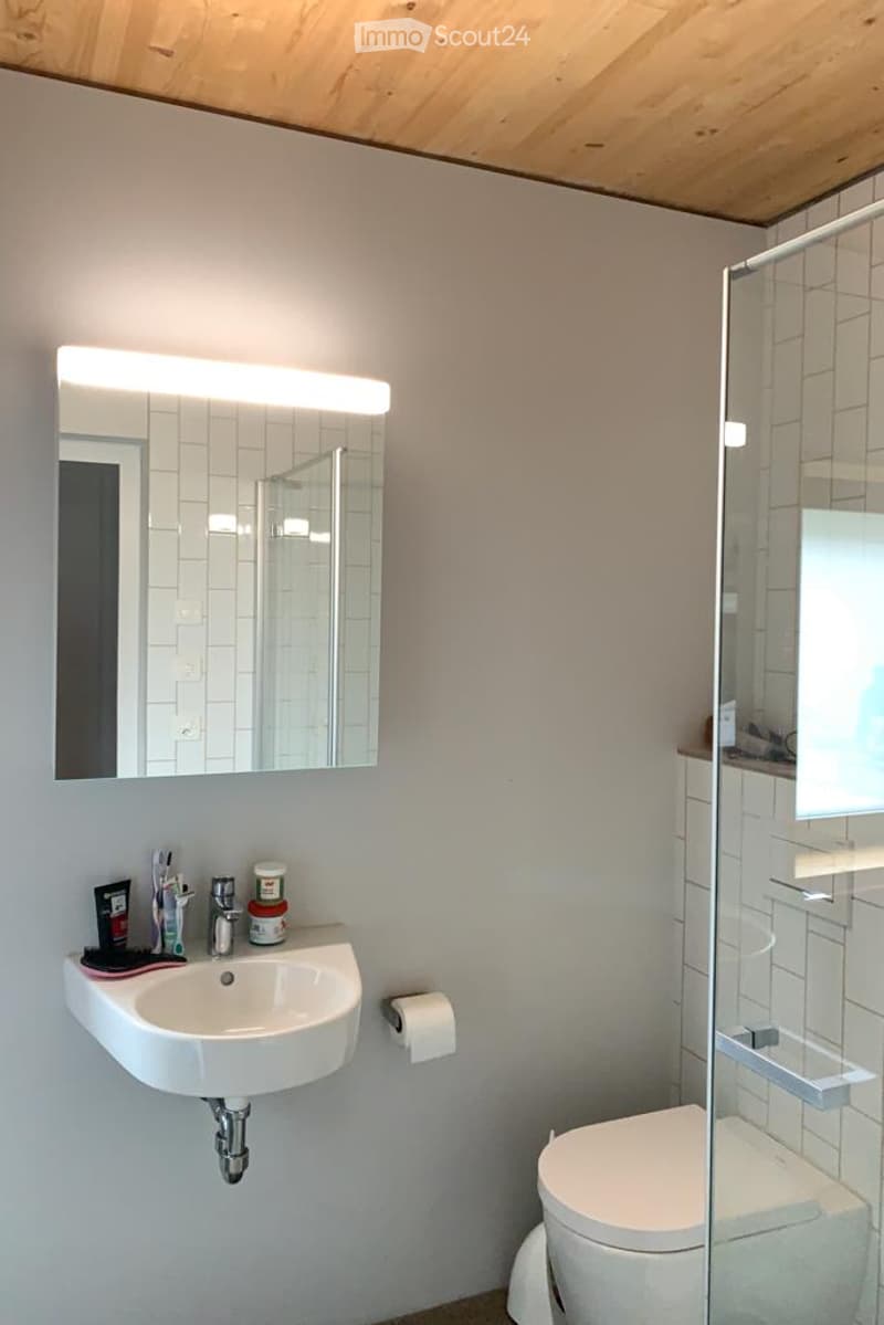Modern bathroom with a white sink, mirror with LED lighting, toilet, and a glass-enclosed shower area.