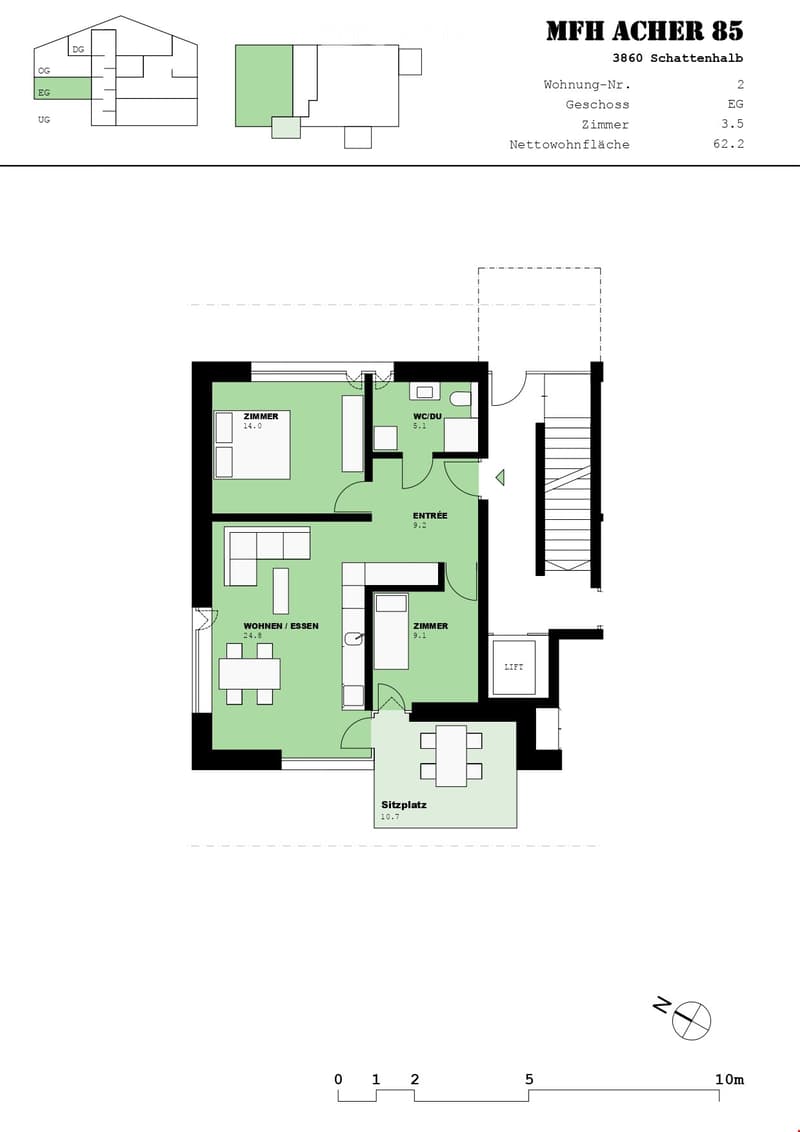 Floor plan of a 3.5-room apartment with living/dining area, two bedrooms, bathroom, entrance, and a small seating area.