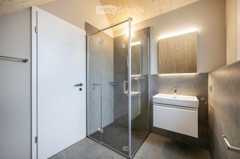 Modern bathroom with a glass-enclosed shower, a white sink with a mirror, and a built-in cabinet. The walls are tiled in neutral tones, and the space features sleek, contemporary design elements.