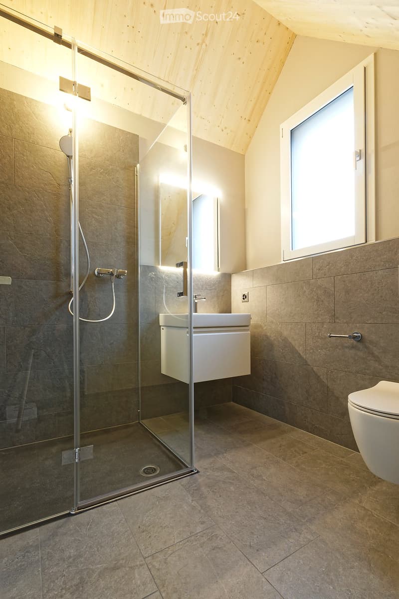 Modern bathroom with a glass-enclosed shower, a white sink with a cabinet, and a toilet. The space features grey tiles and wooden slatted ceilings.