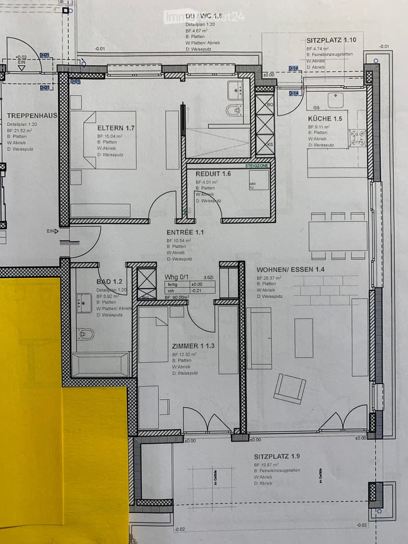 Floor plan showing multiple rooms including a kitchen, living/dining area, bedroom, bathroom, and entrance. Includes labeled areas such as "KÜCHE 1.5" (kitchen), "WOHNEN/ESSEN 1.4" (living/dining), "ZIMMER 1 1.3" (bedroom), "BAD1.2" (bathroom), and "ENTRÉ