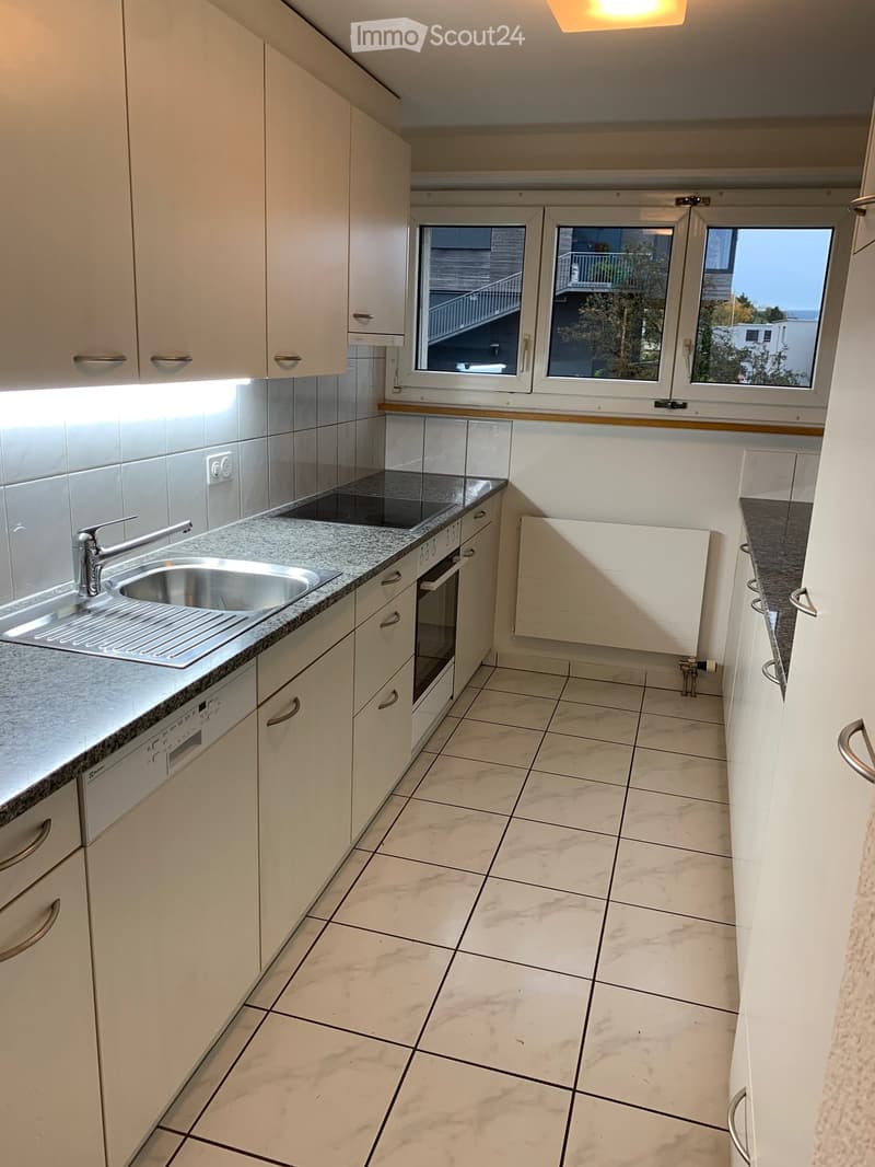 Modern kitchen with white cabinets, granite countertop, stainless steel sink, and built-in oven and dishwasher.