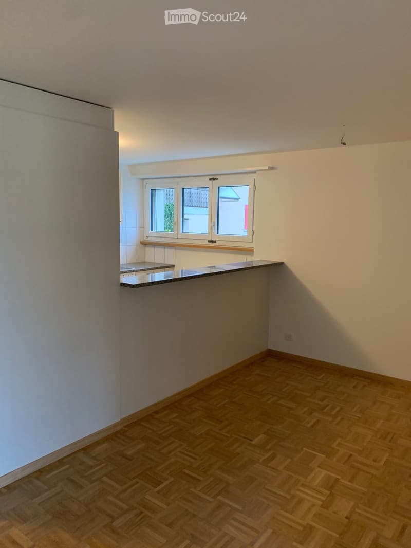 Empty room with wooden herringbone flooring, white walls, and a window with white frame and blinds. There is a small countertop with a sink and a window above it.