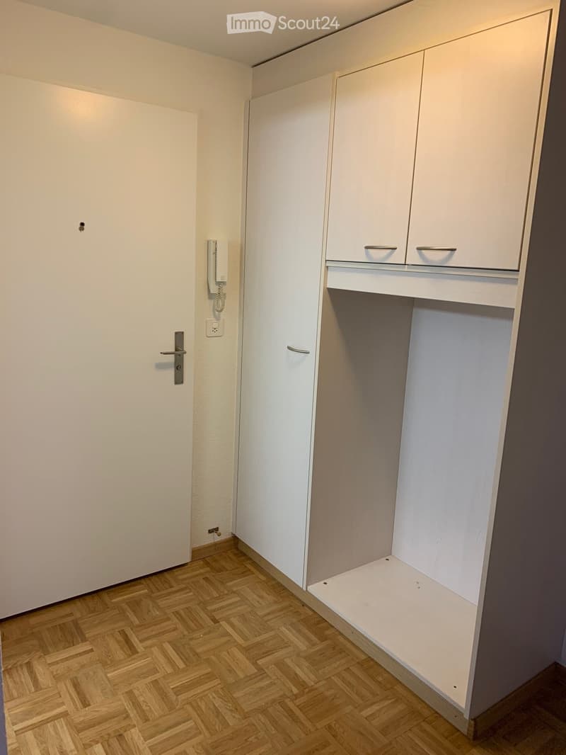 Empty room with wooden herringbone flooring, white walls, and built-in white cabinetry with shelves and drawers.