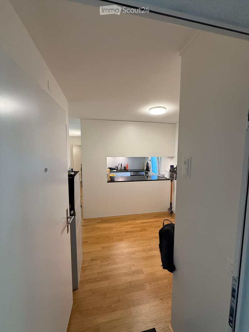 A narrow hallway with wooden flooring, white walls, and a ceiling light. A small kitchen area is visible at the end of the hallway, featuring white cabinets and a countertop.