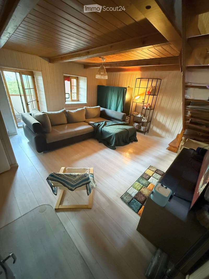 Cozy living room with wooden beams, a sectional sofa, a wooden chair, a small table, and a shelf with decorative items.