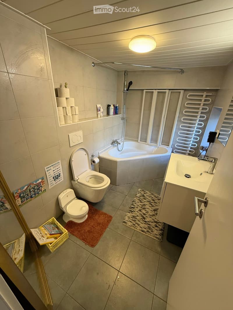 Modern bathroom with two toilets, a bathtub, a sink, a shower, and a radiator. Includes a toilet paper holder, a rug, and a small cabinet.