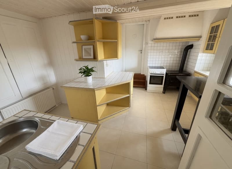 The kitchen features a yellow cabinet, a white tiled counter, a sink, an oven, and a small plant on the counter.