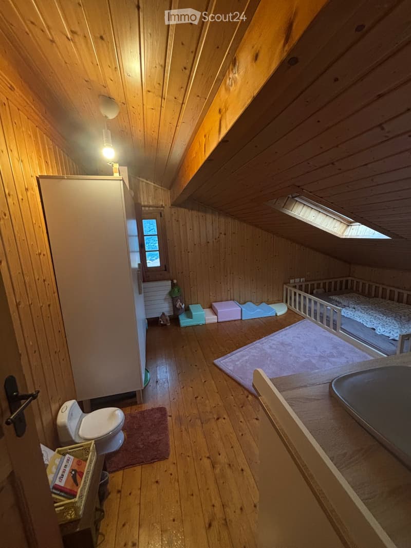 Cozy attic bathroom with wooden walls and ceiling, featuring a toilet, cabinet, radiator, toys, and a small bed area with a rug.