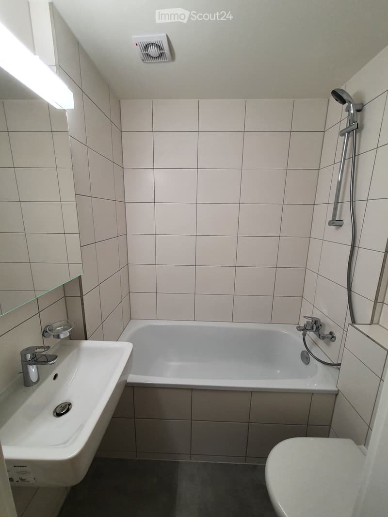 Modern bathroom with white tiled walls, a bathtub, a sink with a chrome faucet, a toilet, and a showerhead with a handheld shower attachment.