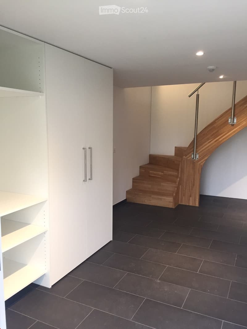 Modern hallway with dark tiled floor, white walls, built-in white storage unit with glass doors, and a wooden staircase with metal railing leading upwards.
