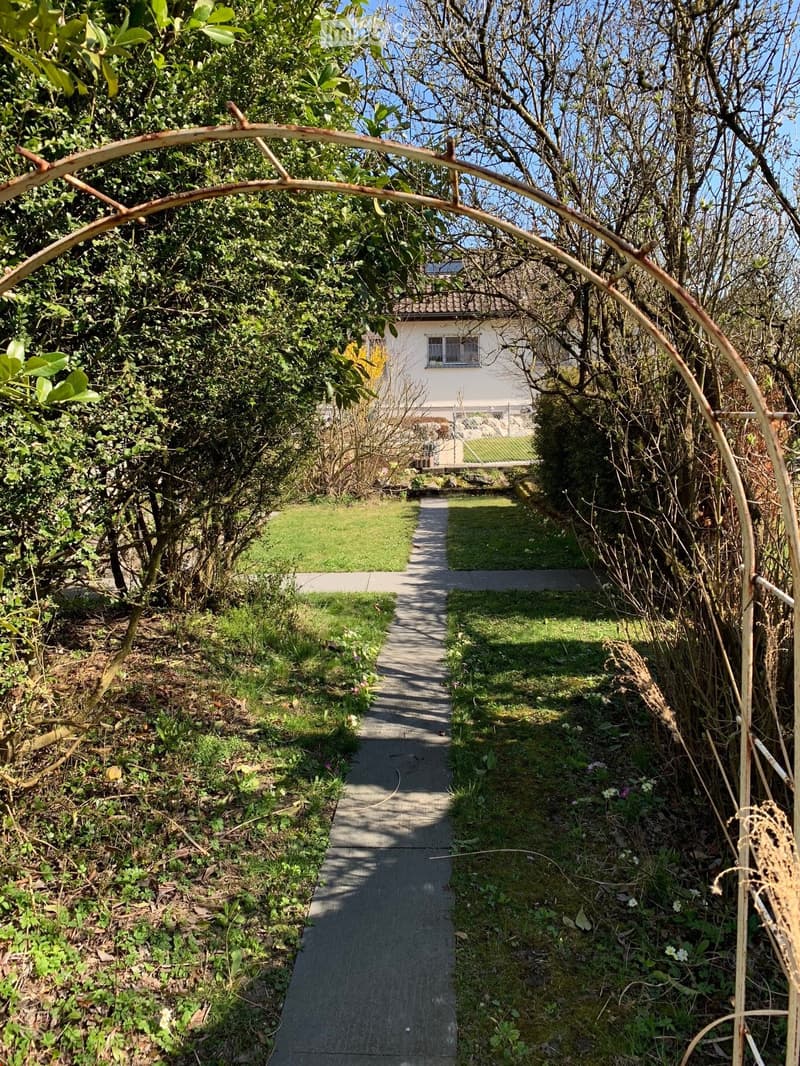 A narrow concrete pathway lined with greenery and bushes leads to a house in the background, surrounded by trees and plants.