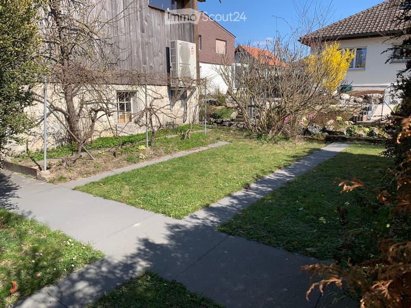 Garden area with a concrete pathway, grassy lawn, and surrounding trees and shrubs. Houses with different architectural styles are visible in the background.