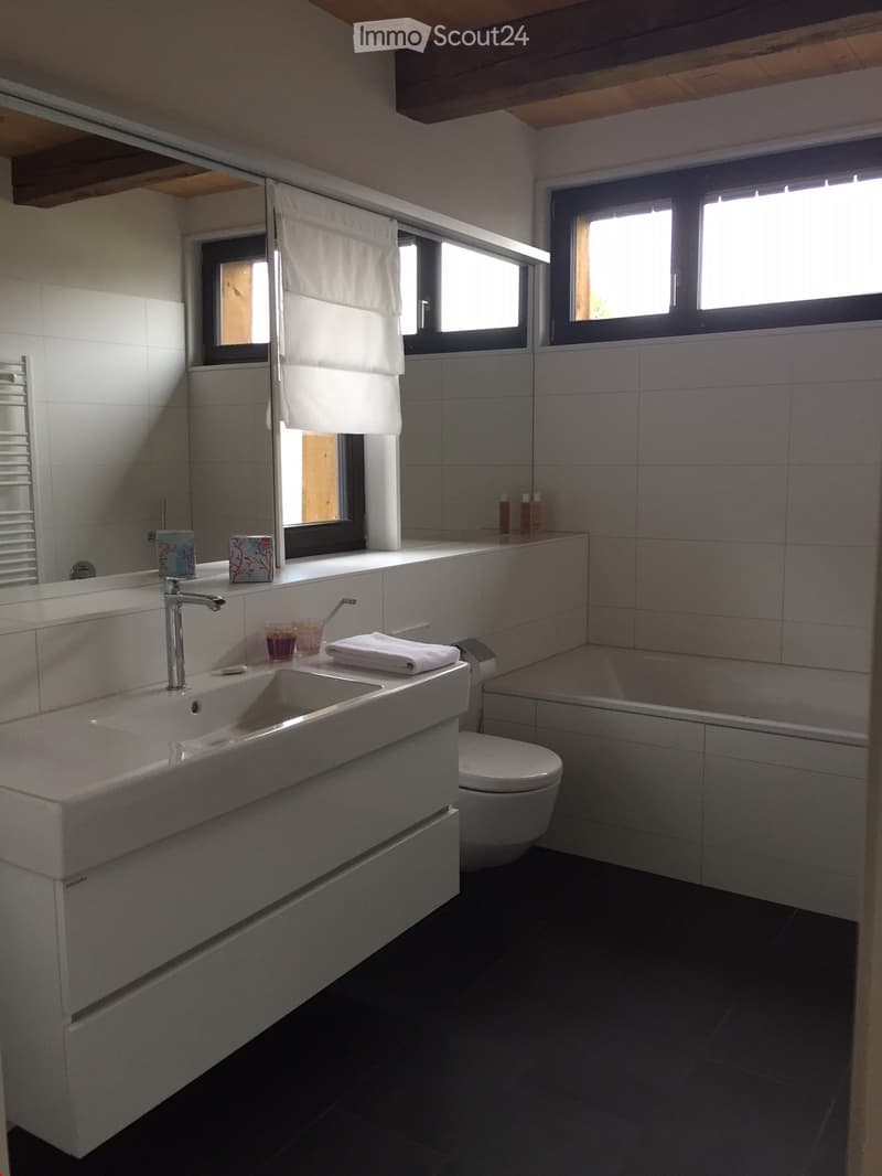 Modern bathroom with white tiles, a large sink with a chrome faucet, a mirror, a toilet, a bathtub, and a towel on the counter.