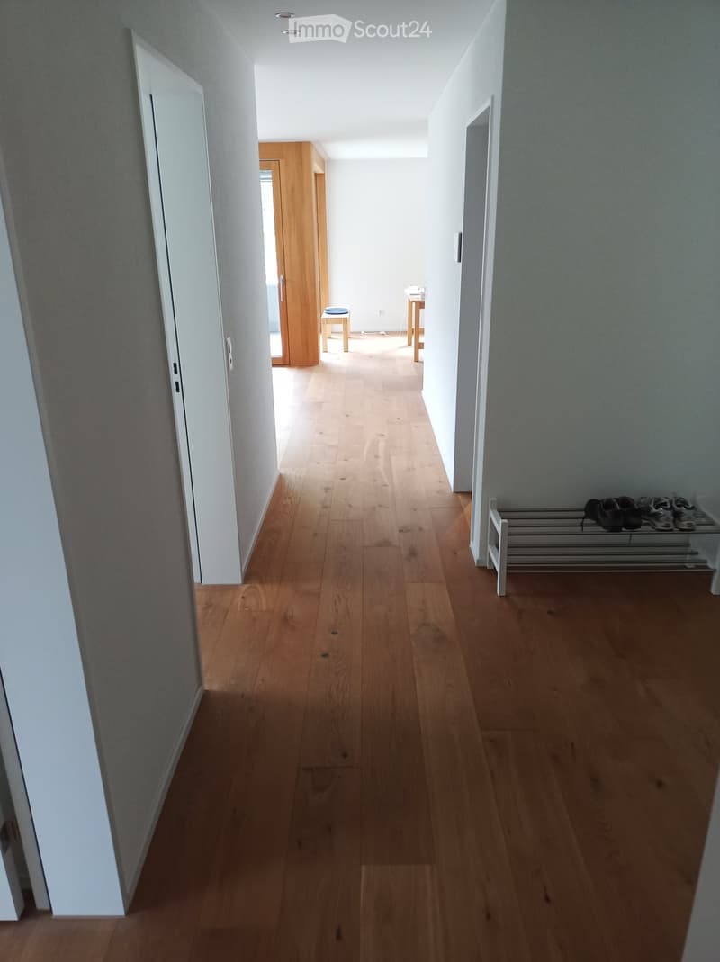 Clean, modern hallway with light wooden flooring, white walls, and a few small items like a shoe rack and a small table visible in the background.