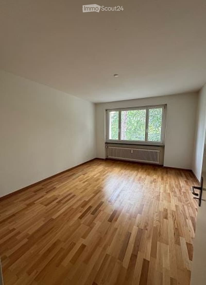 Completely empty room with wooden flooring, white walls, and a large window with multiple panes. A radiator is visible beneath the window.