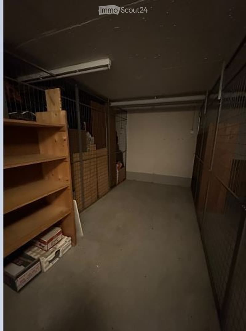Empty storage room with wooden shelving, metal cage, and concrete floor.