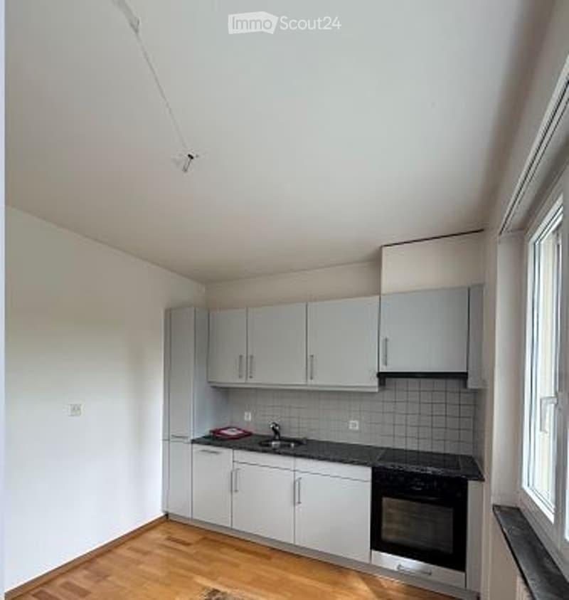 Empty kitchen with white cabinets, black countertops, and wooden flooring. No furniture or appliances are present.