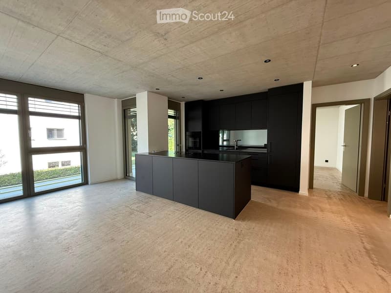 Modern kitchen with dark grey cabinets, a central island, and large windows providing natural light. The space features a sleek, minimalist design with a polished concrete floor and recessed ceiling lighting.