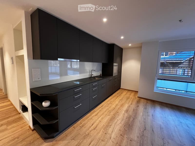 Modern kitchen with black cabinets, stainless steel sink, countertops, and wooden floor.