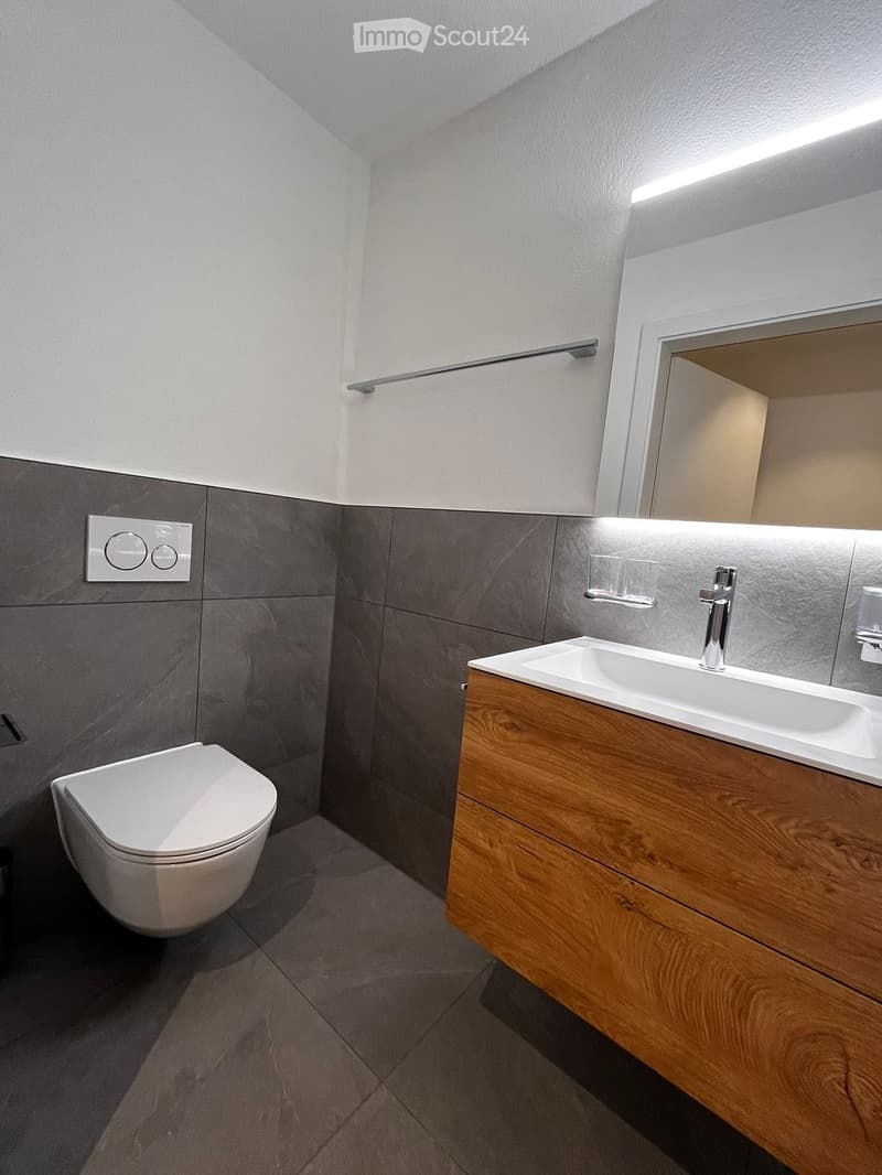 modern bathroom with grey tiles, white toilet, white sink, wooden vanity, built-in mirror, towel rack