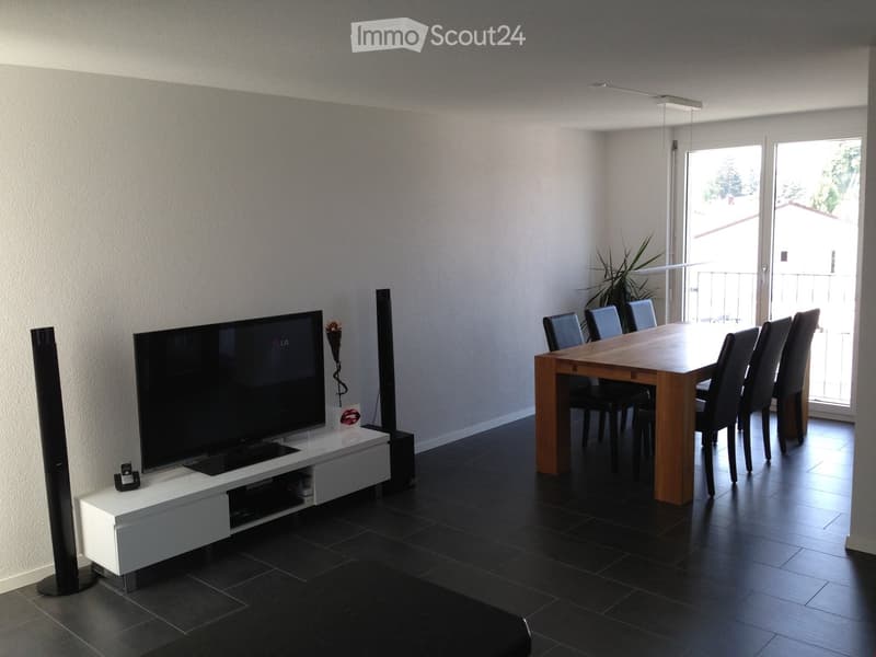 Modern living and dining area with a large flat-screen TV on a white stand, a wooden dining table with six chairs, and a potted plant near the balcony door.