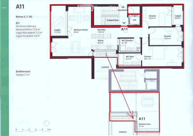 Floor plan of a 4.5-room apartment with a total living area of 113.4 m², including a living/dining area, kitchen, three bedrooms, two bathrooms, and a covered terrace of 31 m².