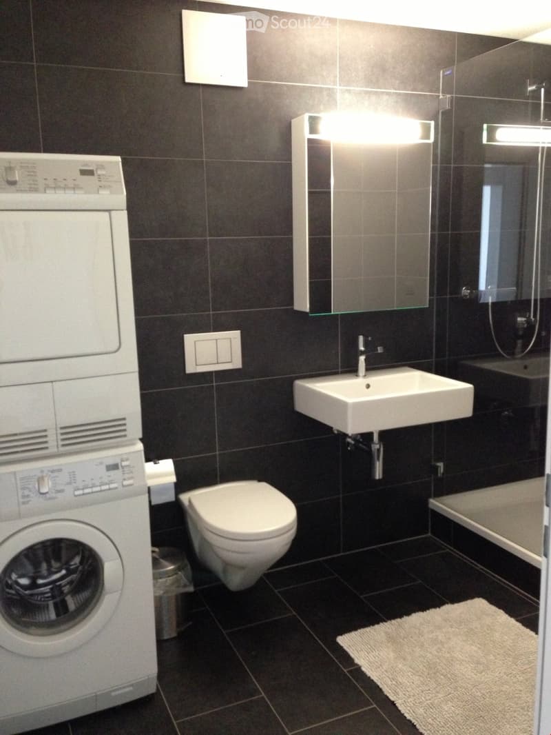 Modern bathroom with dark tiled walls and floor, featuring a washing machine, toilet, sink, mirror, and bathtub.