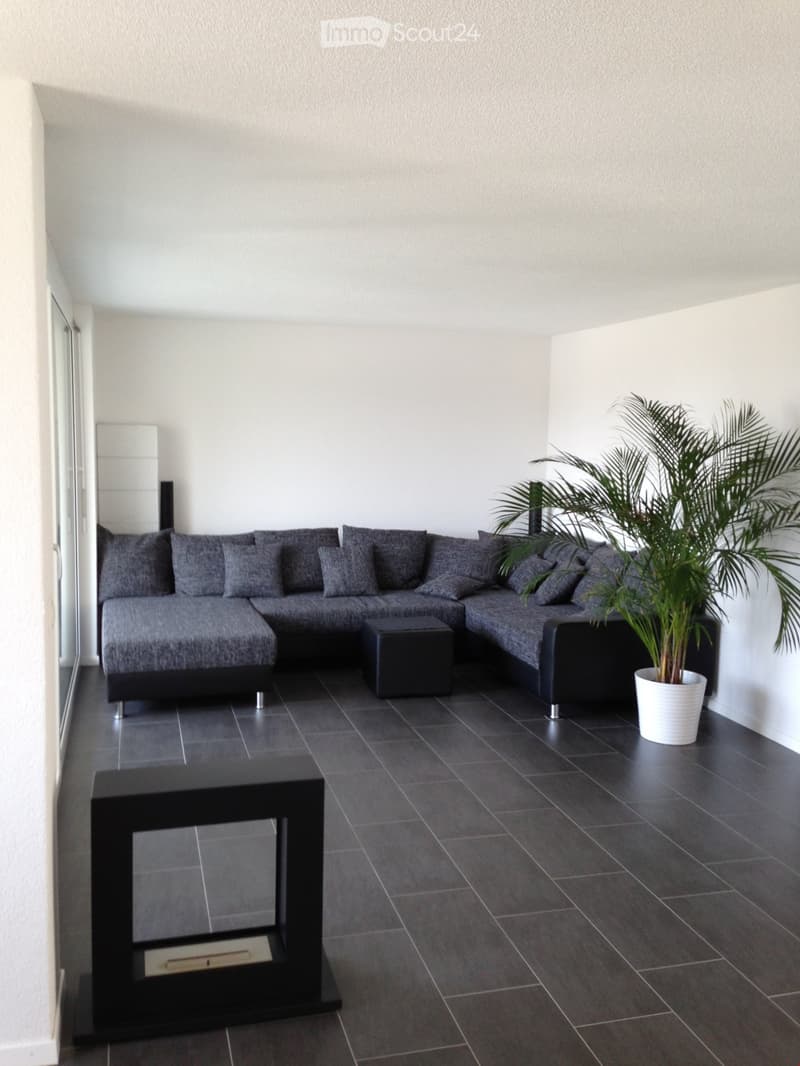 Modern living room with grey sectional sofa, black stool, black table, and potted plant on dark tiled floor.