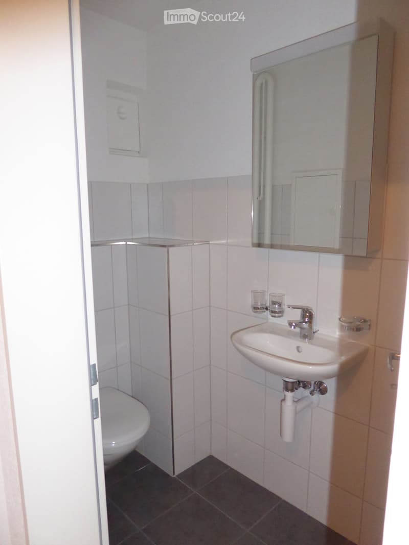 small bathroom with toilet, sink, mirror, and tiled walls and floor