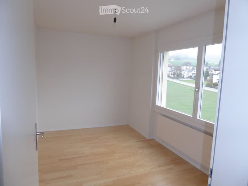 empty room, white walls, wooden floor, large window, view of a field