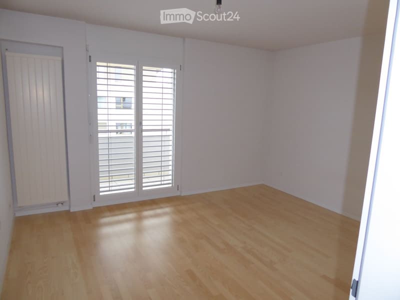 empty room, wooden floor, white walls, sliding glass door, balcony, white radiator