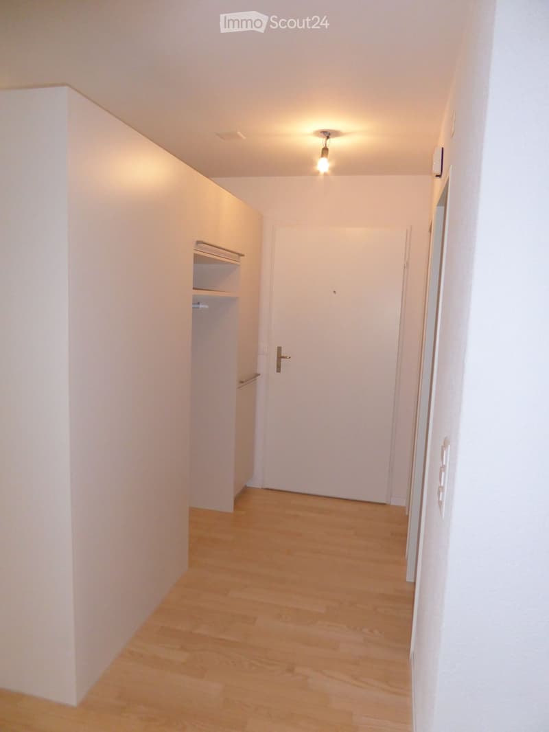 Empty room with wooden floor, white walls, white door, built-in wardrobe, and ceiling light