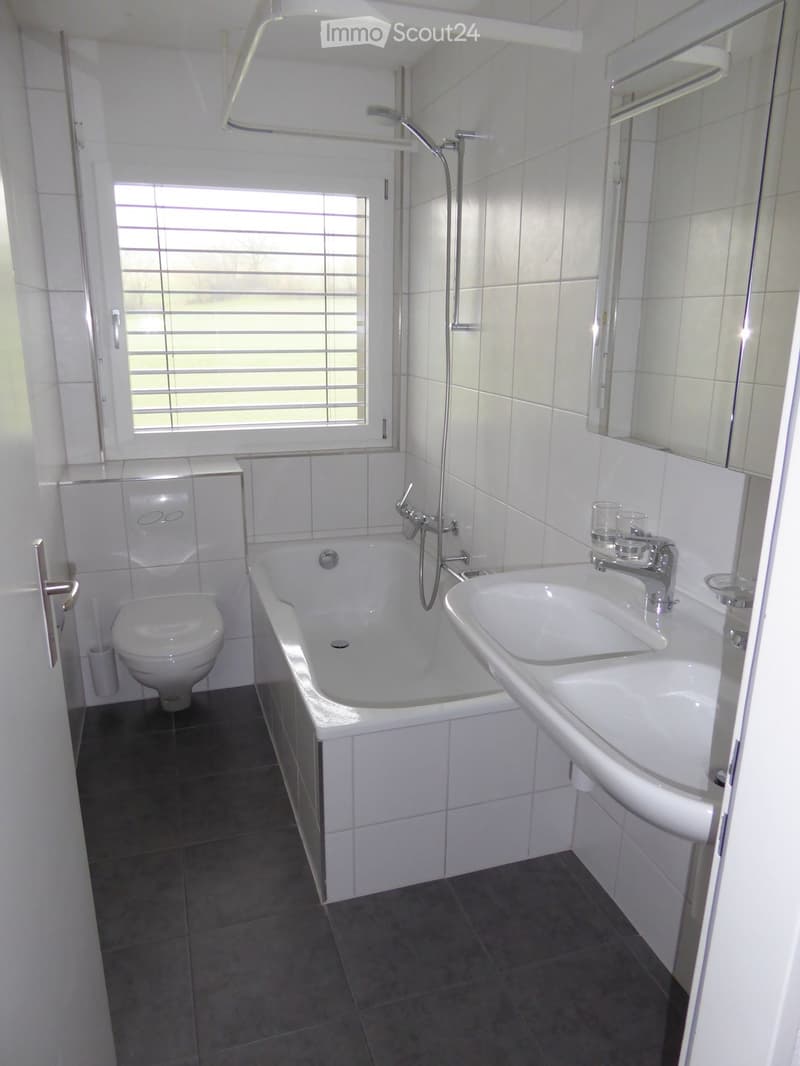 Bathroom with bathtub, toilet, sink, and mirror