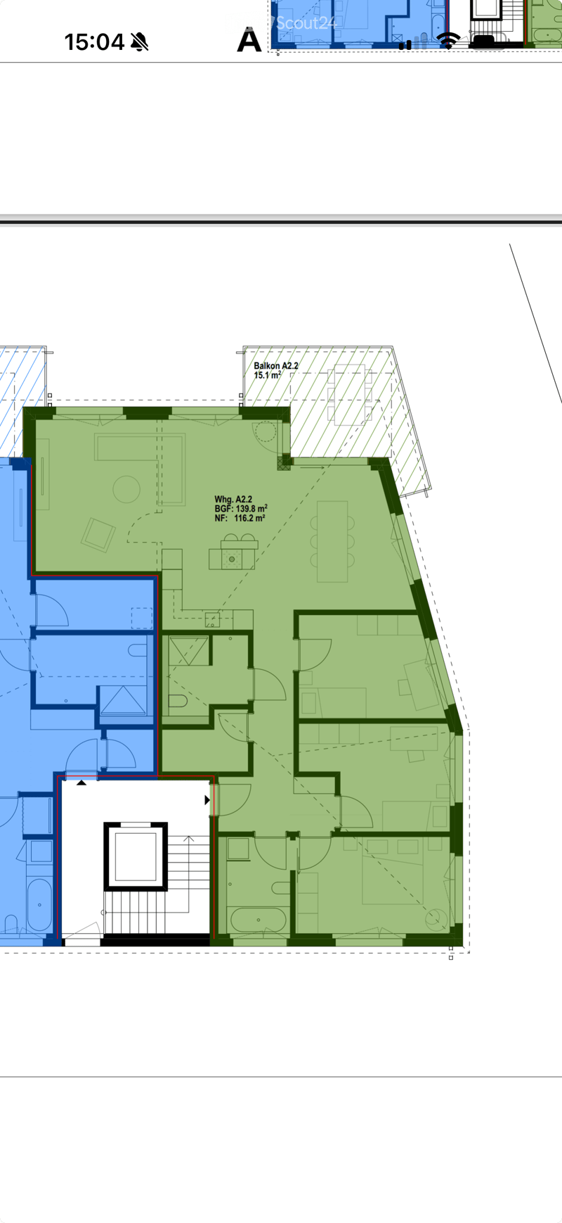 Floor plan showing a living room, kitchen, two bedrooms, two bathrooms, and a balcony.