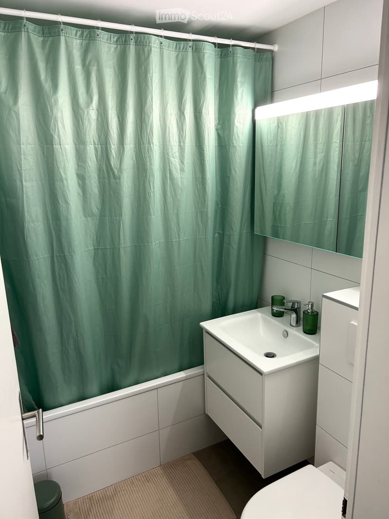 Modern bathroom with a white bathtub, green shower curtain, white sink with a modern faucet, a mirrored cabinet, and a toilet.