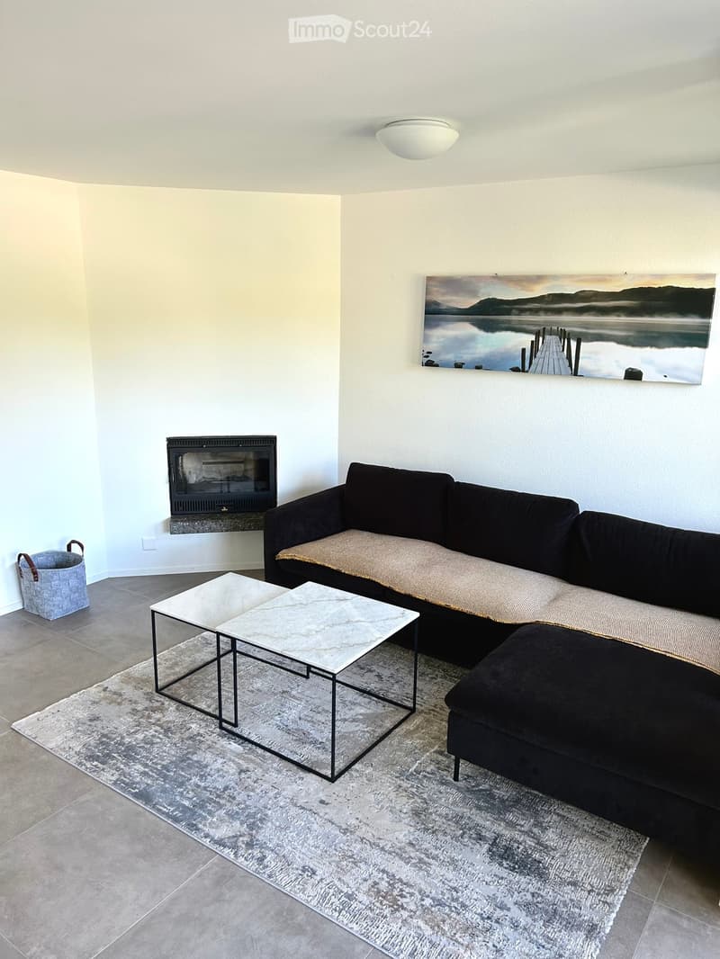Modern living room with a dark sectional sofa, a white marble coffee table, a fireplace, and a large landscape painting on the wall.